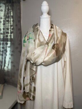Pretty Persuasions Watercolor Satin Scarf Neutral Floral Abstract Wrap Shawl